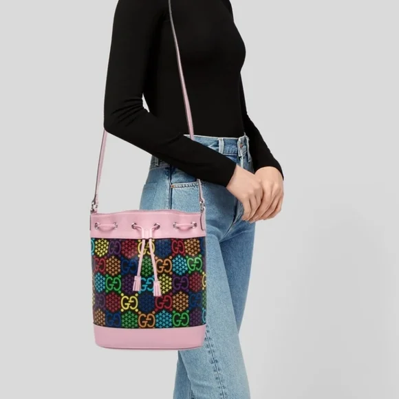 Gucci Psychedelic Multicolor Print Bucket Bag Pink with Drawstring (EUC) - Picture 15 of 16
